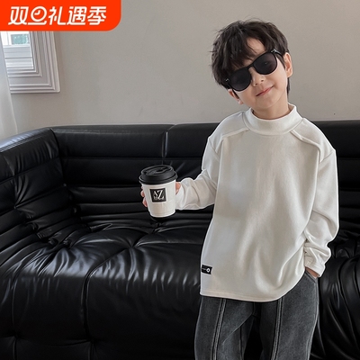 儿童打底衫半高领男童内搭秋冬款白色上衣t恤加厚德绒打底秋衣