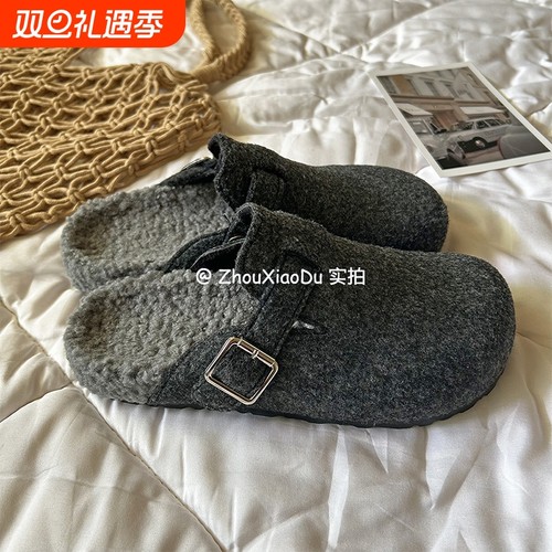 周小毒鞋子女2025新款爆款加绒勃肯鞋冬灰色半拖外穿毛毛拖鞋保暖