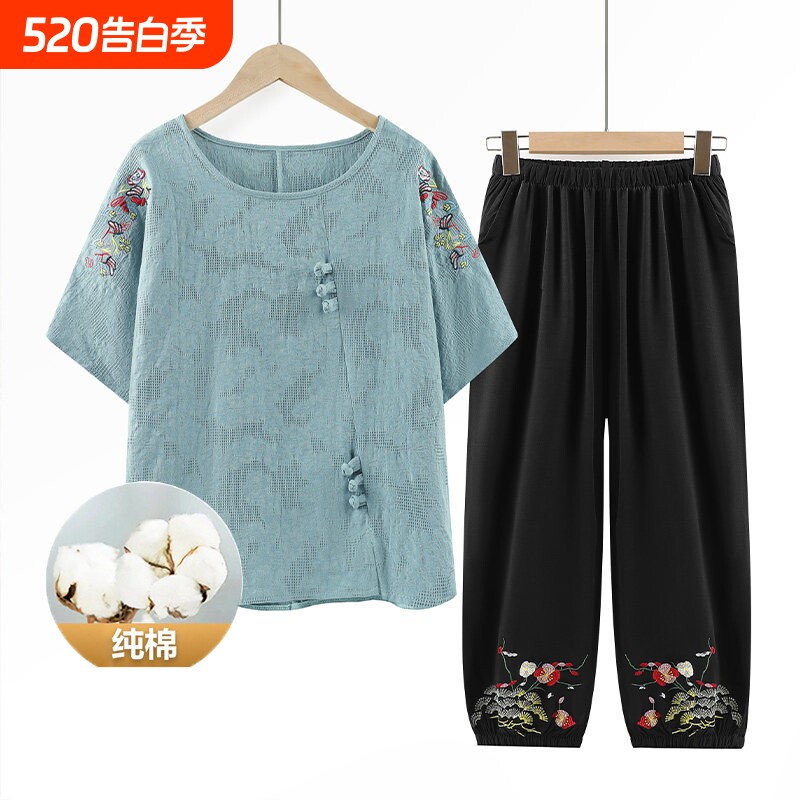 母亲节礼物妈妈夏装套装纯棉T恤短袖中老年人女奶奶衣服大码上衣