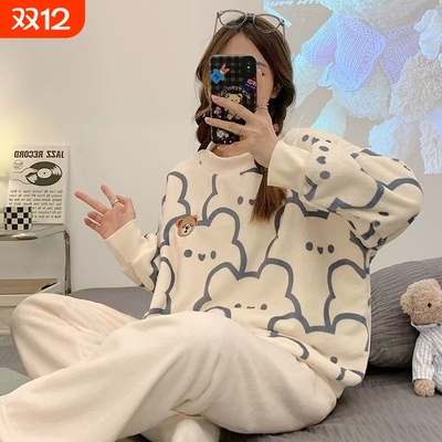 法兰绒睡衣套装秋冬季女可外穿新