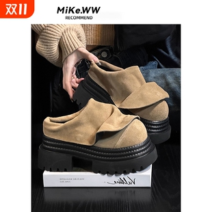 磨砂皮松糕厚底包头半拖鞋 女外穿复古真皮百搭小个子增高勃肯拖鞋