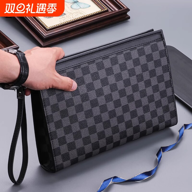 新款商务出差手提包男轻奢时尚大容量公文包通勤休闲手拿包格纹包