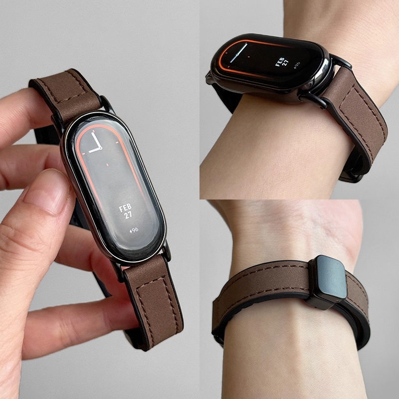 适用小米手环9代磁吸扣手环10皮质表带nfc版运动8智能xiaomi手环夏秋新款9智能手环高级时尚感疯马纹真皮质
