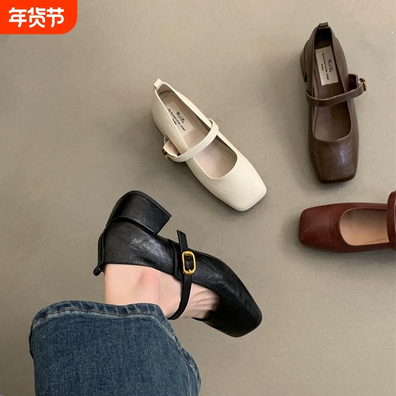 复古方头浅口粗跟单鞋女春秋新款法式晚风仙女软皮玛丽珍小皮鞋子,女鞋,玛丽珍鞋,淘宝优惠券,粉丝福利购,淘宝优惠卷