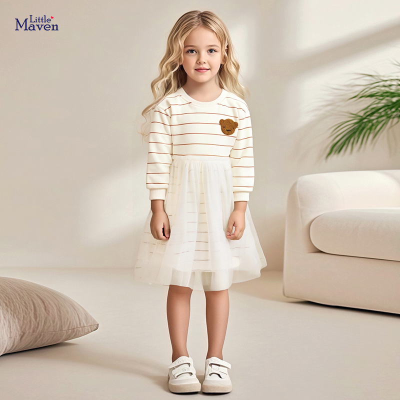 可爱秋冬季女童连衣裙 保暖加绒长袖女童公主裙 卡通条纹网纱童裙