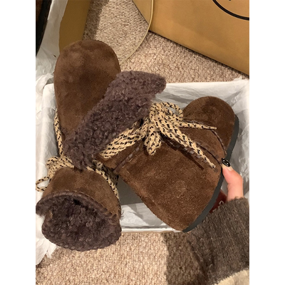 费尔岛~6CM内增高勃肯短靴女加绒保暖棉鞋冬季真皮厚底雪地靴羊皮