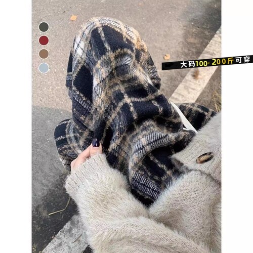 藏青色大码格子裤子女秋冬2025新款高腰垂感阔腿裤休闲加厚毛呢裤