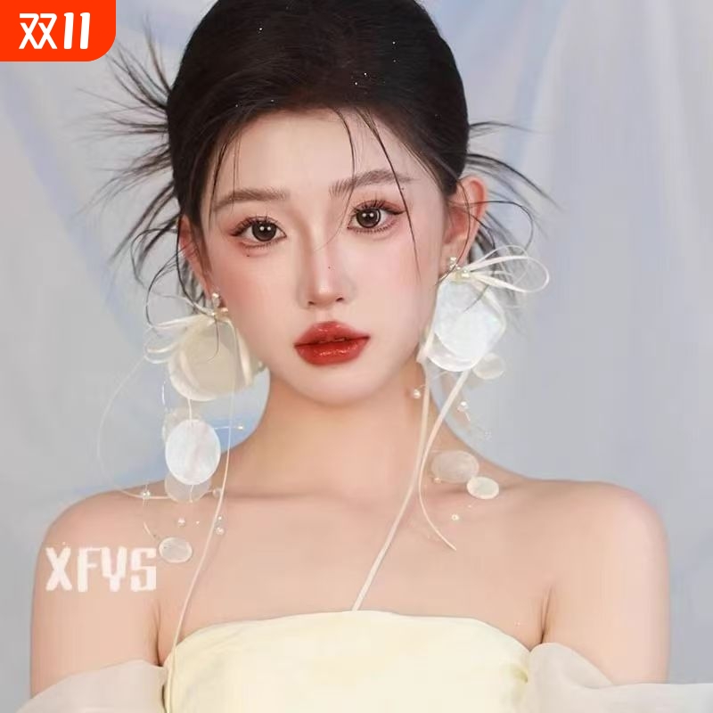 新款法式复古圆片蝴蝶结流苏耳环新娘长款耳钉结婚纱礼服耳饰