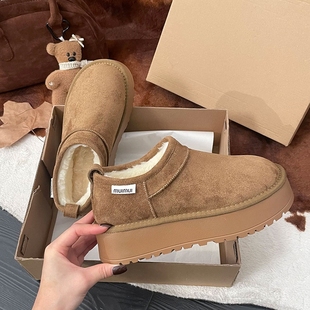 厚底雪地靴女鞋2025新款冬季加绒保暖一脚蹬低帮面包雪地棉鞋防水