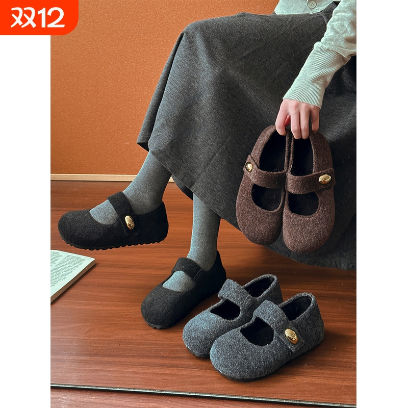 3CM内增高温柔圆头玛丽珍毛毛鞋女2025秋冬季晚风加绒棉勃肯鞋子