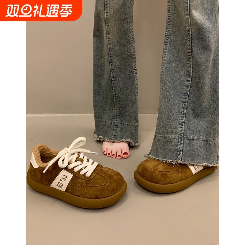 百搭加绒板鞋女秋冬二棉鞋2025新款德训鞋运动休闲面包鞋棕色咖色