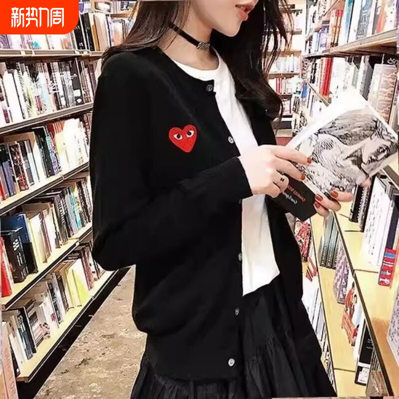 春秋爱心开衫女刺绣针织外搭羊毛衫情侣亲子大码毛衣外套红色黑色