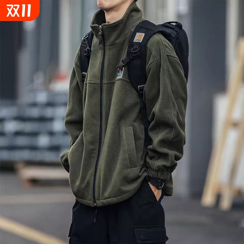 日系摇粒绒开衫卫衣男立领宽松拉链外套春秋休闲运动夹克绿色黑色