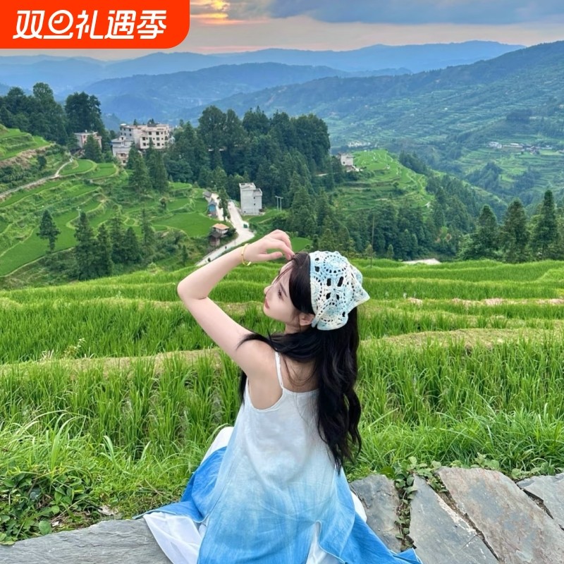 2025新款田园头巾三角巾女旅游镂空发带头饰海边三角形扎染川西