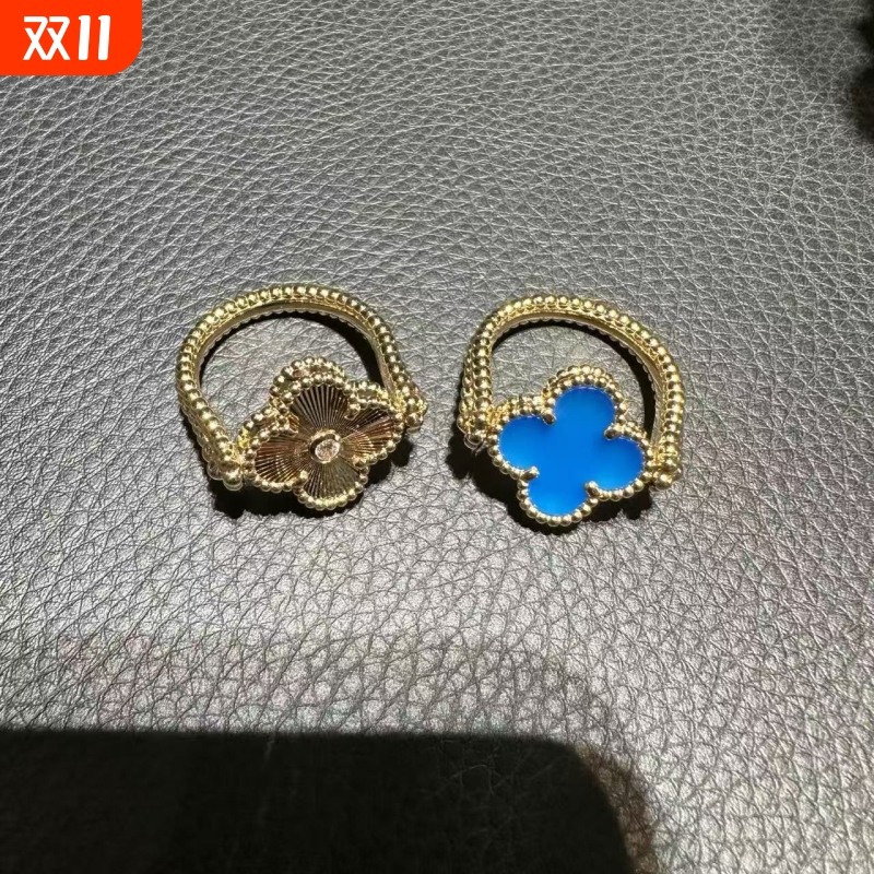 全新高定品质双面蓝花玛瑙戒指镭射18k金双花旋翻转单钻