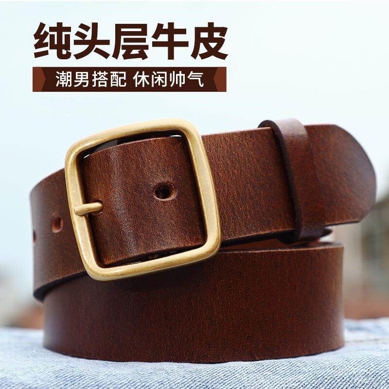 正宗头层纯牛皮皮带保罗男士牛皮腰带复古合金真皮中青年牛仔腰带