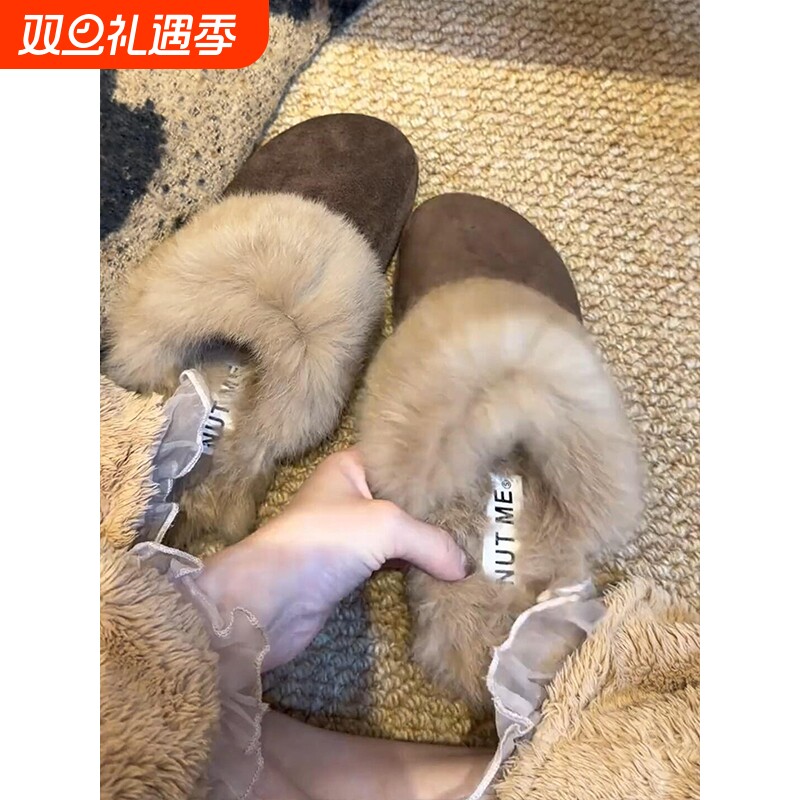 毛绒绒包头拖鞋女外穿2025冬季新款加绒保暖毛毛鞋厚底雪地棉靴子