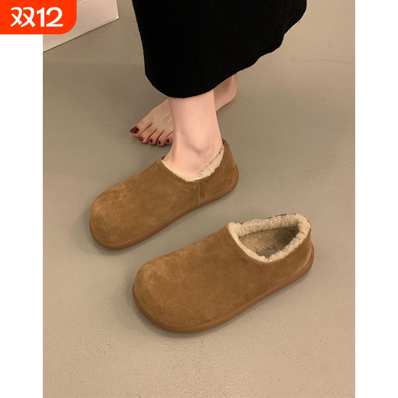 厚底加绒保暖勃肯鞋女2025秋冬新款一脚蹬毛毛鞋单鞋棉鞋毛绒平底