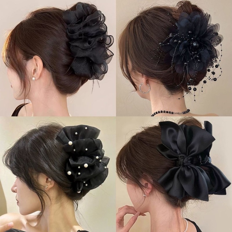 高级感黑色泡泡蝴蝶结发夹大号发抓2025新款后脑勺鲨鱼夹抓夹流苏
