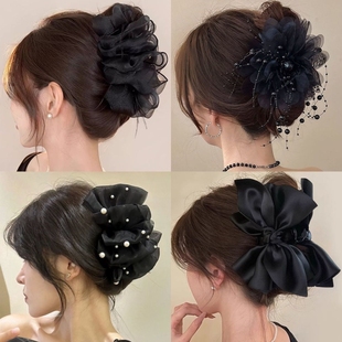 高级感黑色泡泡蝴蝶结发夹大号发抓2025新款后脑勺鲨鱼夹抓夹流苏
