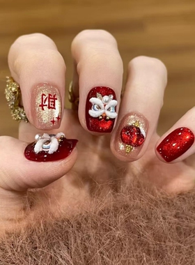 新年灯笼喜庆醒狮手工红色猫眼显白来财财运穿戴美甲氛围假指甲片