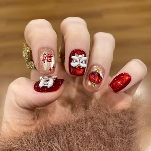 新年灯笼喜庆醒狮手工红色猫眼显白来财财运穿戴美甲氛围假指甲片