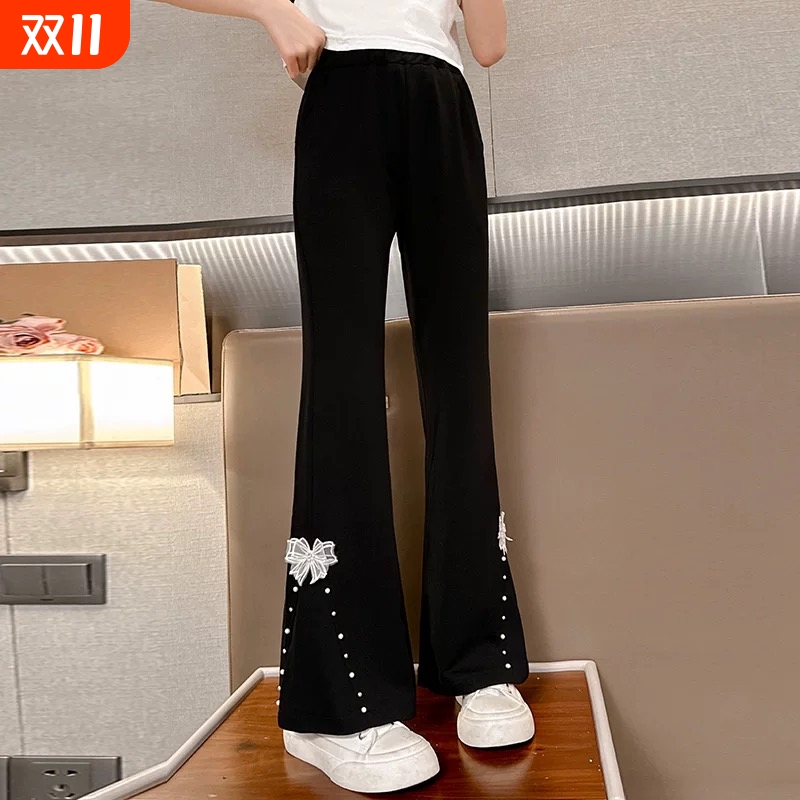 裤子女童黑色儿童春秋款加绒微喇叭裤2025新款喇叭裤中大童弹力裤