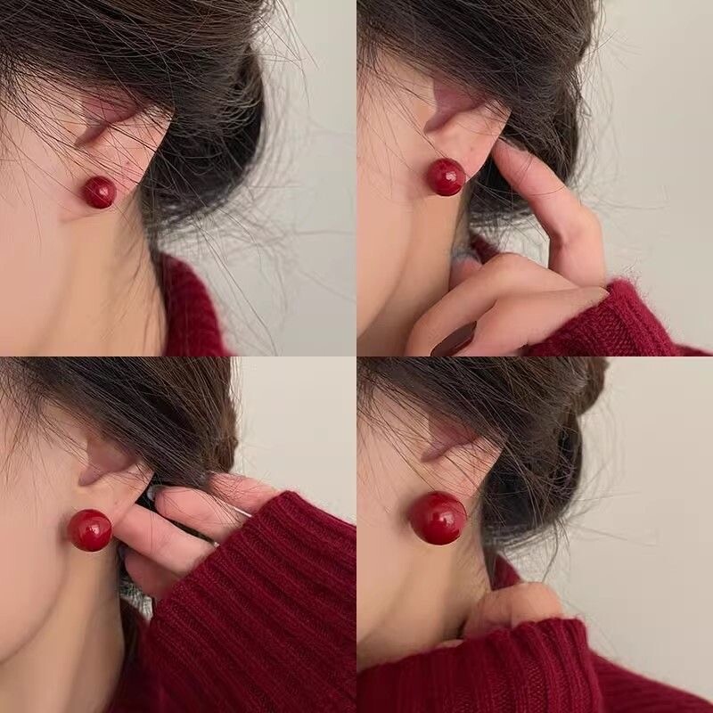 ~安可拉珍珠红色女2024爆款高级感耳钉气质独特耳饰金豆925银