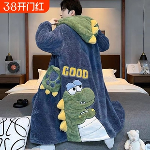 威伦缇男士睡衣睡袍秋冬珊瑚绒加厚加绒恐龙情侣长款大码绒类套装