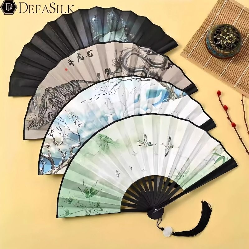汉服扇子男童国风8寸塑料扇流苏吊坠国潮折扇儿童绢布古风撕不烂