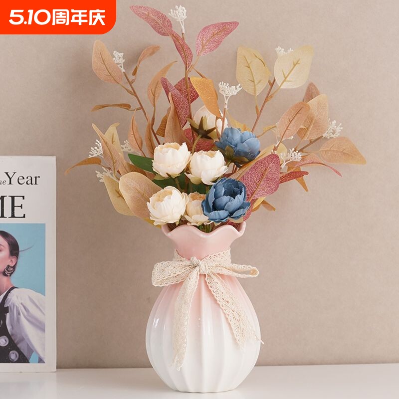 简约现代渐变陶瓷花瓶装饰干花水养鲜花积木花客厅插花摆件