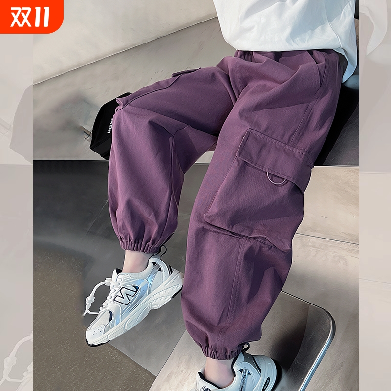 女童洋气休闲裤大童装工装裤儿童长裤子女孩2025春秋新款黑色紫色