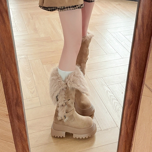 厚底两穿毛毛雪地靴女2025冬季 显瘦东北靴子高筒加绒不过膝长筒靴