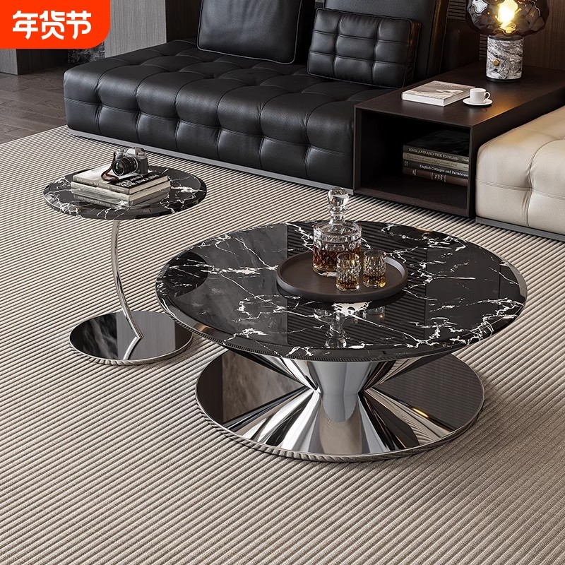 意式极简飞碟悬浮茶几客厅微晶石大理石圆形边几组合设计师玻璃