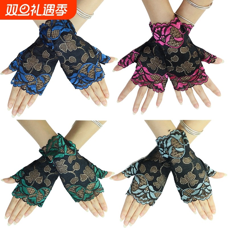 触屏手套开车防晒骑行弹力蕾丝冰丝夏季简约时尚薄手套女半指露指