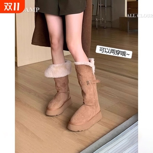 加绒加厚东北棉鞋 冬季 长筒灰色 中筒棉靴子2025新款 厚底雪地靴女款