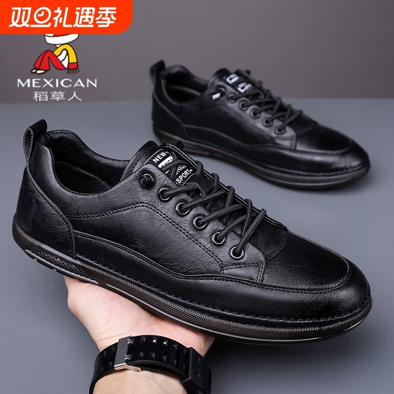 稻草人男鞋2025新款一脚蹬男士豆豆鞋商务软底时尚休闲皮鞋男黑色