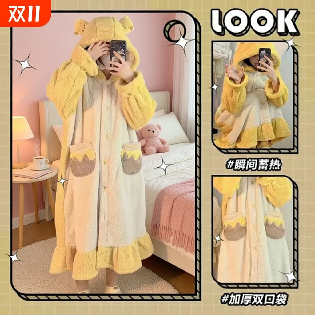 珊瑚绒睡袍秋冬加绒保暖女加厚维尼熊睡衣长款浴袍家居服小丑鱼