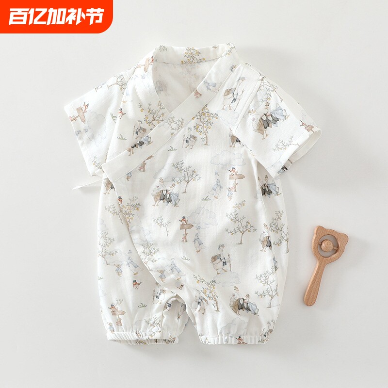 婴儿夏季薄款连体衣短袖新生儿竹纤维爬服和尚服宝宝夏装纱布母婴