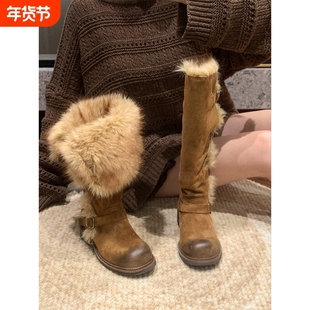 莫斯科穿搭长筒雪地靴女2025冬季新款厚底加绒保暖毛毛棉鞋子高筒