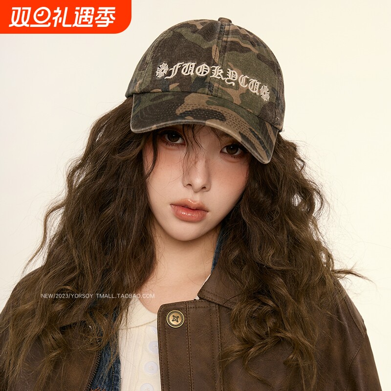 美式复古迷彩加深顶鸭舌帽子女辣妹高街休闲街头棒球帽男宽檐大头