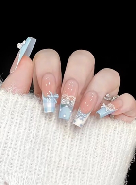 穿戴甲新年蓝色法式蕾丝花边手工显白美甲蝴蝶结可拆卸指甲贴片