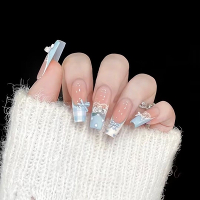 显白美甲穿戴甲新年蓝色法式蕾丝花边手工蝴蝶结可拆卸指甲贴片