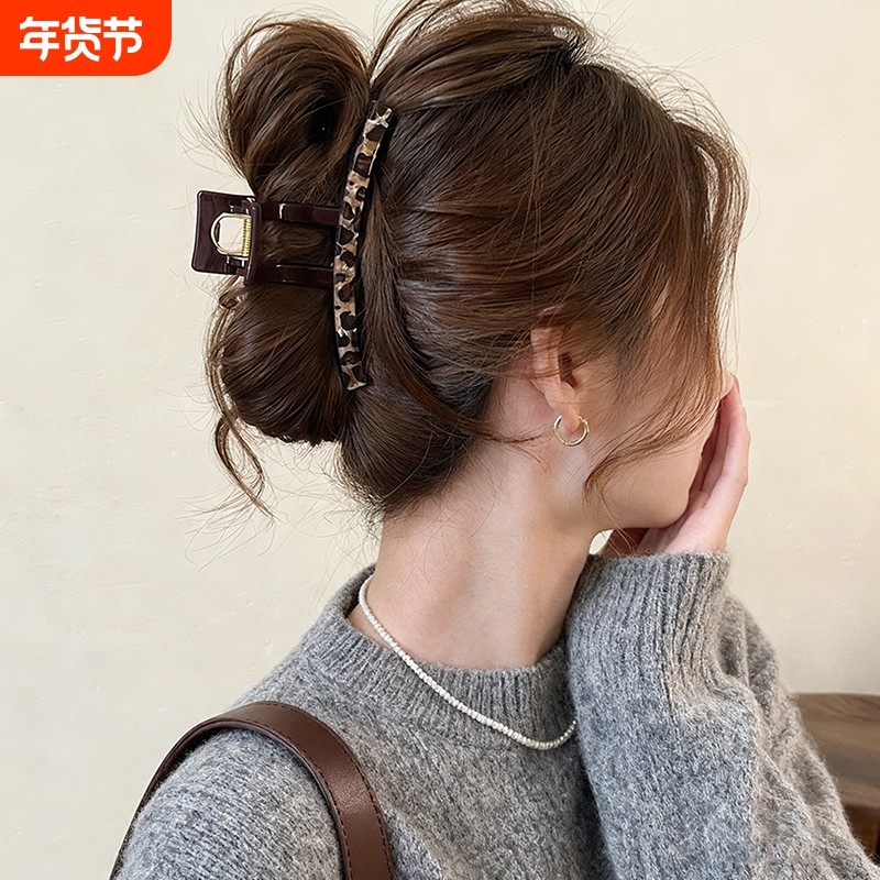 豹纹头发抓夹女2025新款发夹大号鲨鱼夹后脑勺盘发高级感头饰发卡