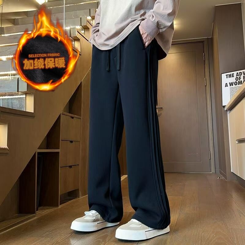 港风潮牌百搭运动卫裤男秋季阔腿裤子青年冬季加绒加厚垂感休闲裤