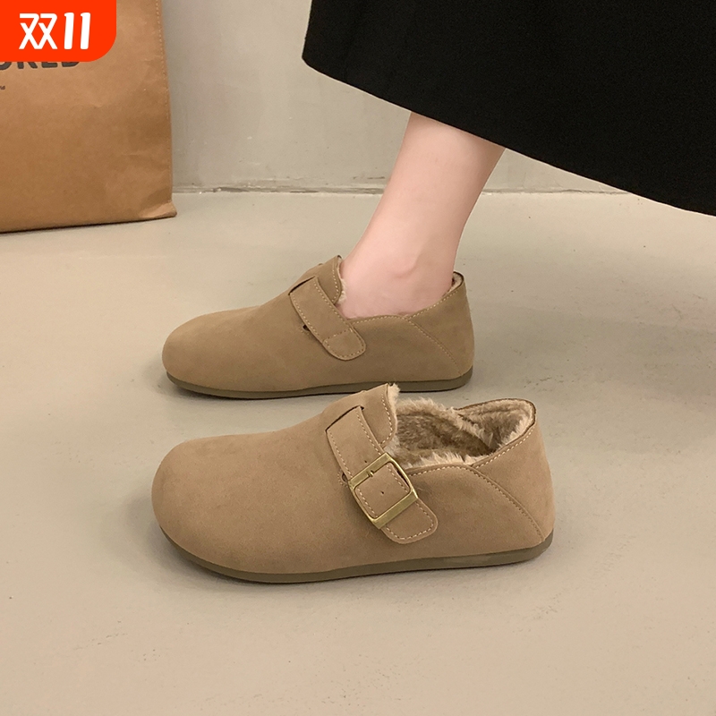秋冬加绒勃肯鞋女一脚蹬乐福鞋保暖毛绒单鞋软底防滑二棉鞋平底