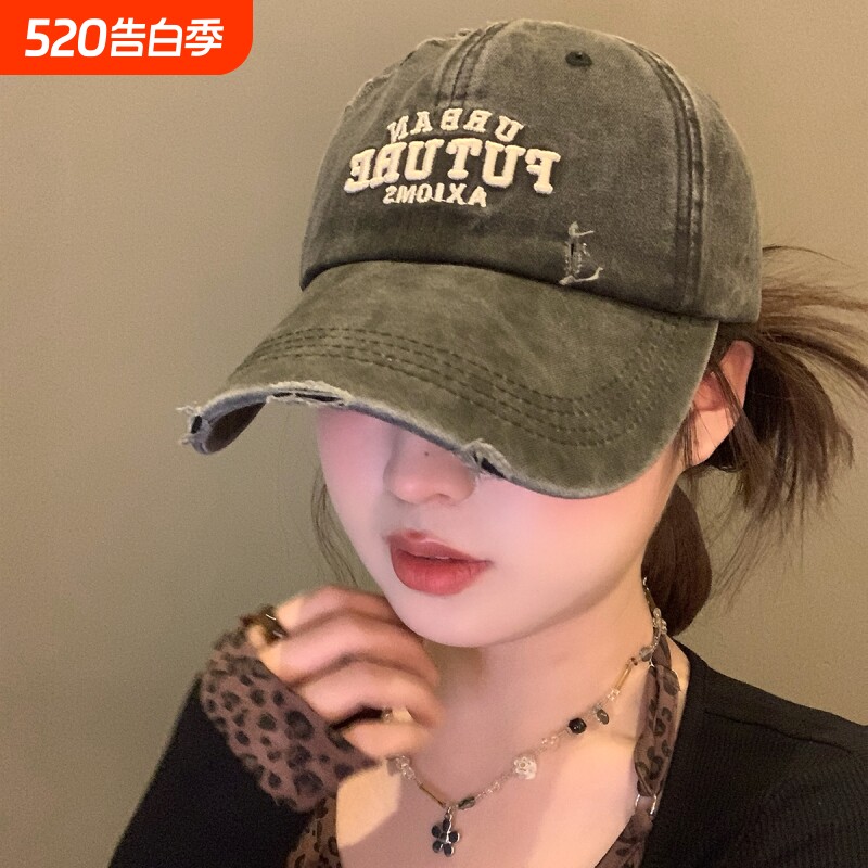 美式棒球帽女做旧破洞牛仔鸭舌帽宽帽檐大头围帽子红色黑色藏青色