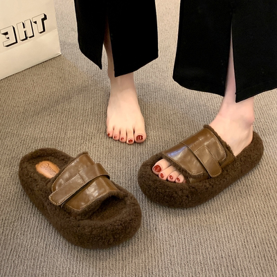网红超火羊羔卷毛毛厚底拖鞋女外穿秋冬2025新款休闲毛毛鞋一字拖