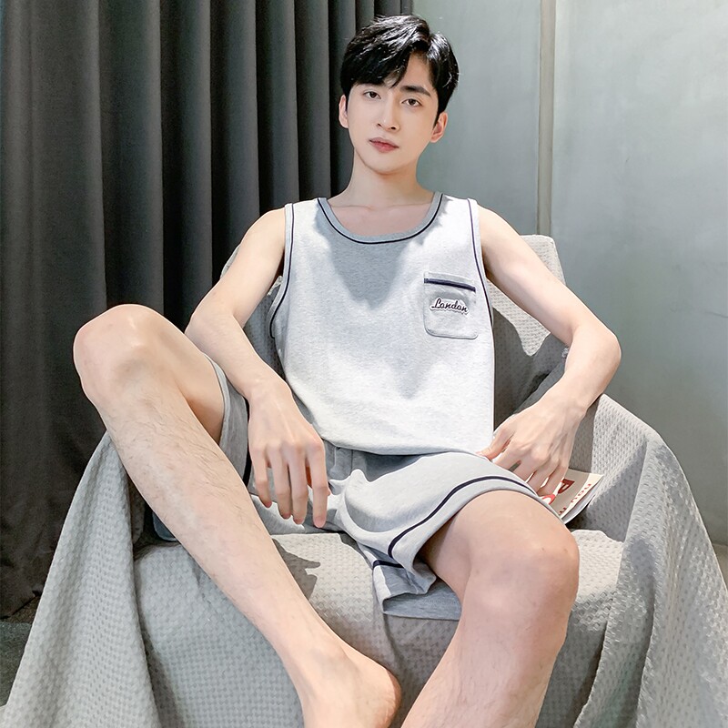 夏季纯棉背心睡衣男宽松休闲两件套装夏天薄款中年男士无袖家居服