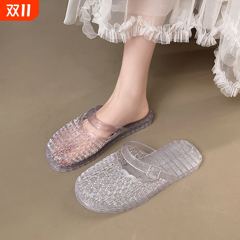 【水晶透明】凉拖鞋女夏季外穿防滑防臭包头懒人半拖中老年妈妈鞋